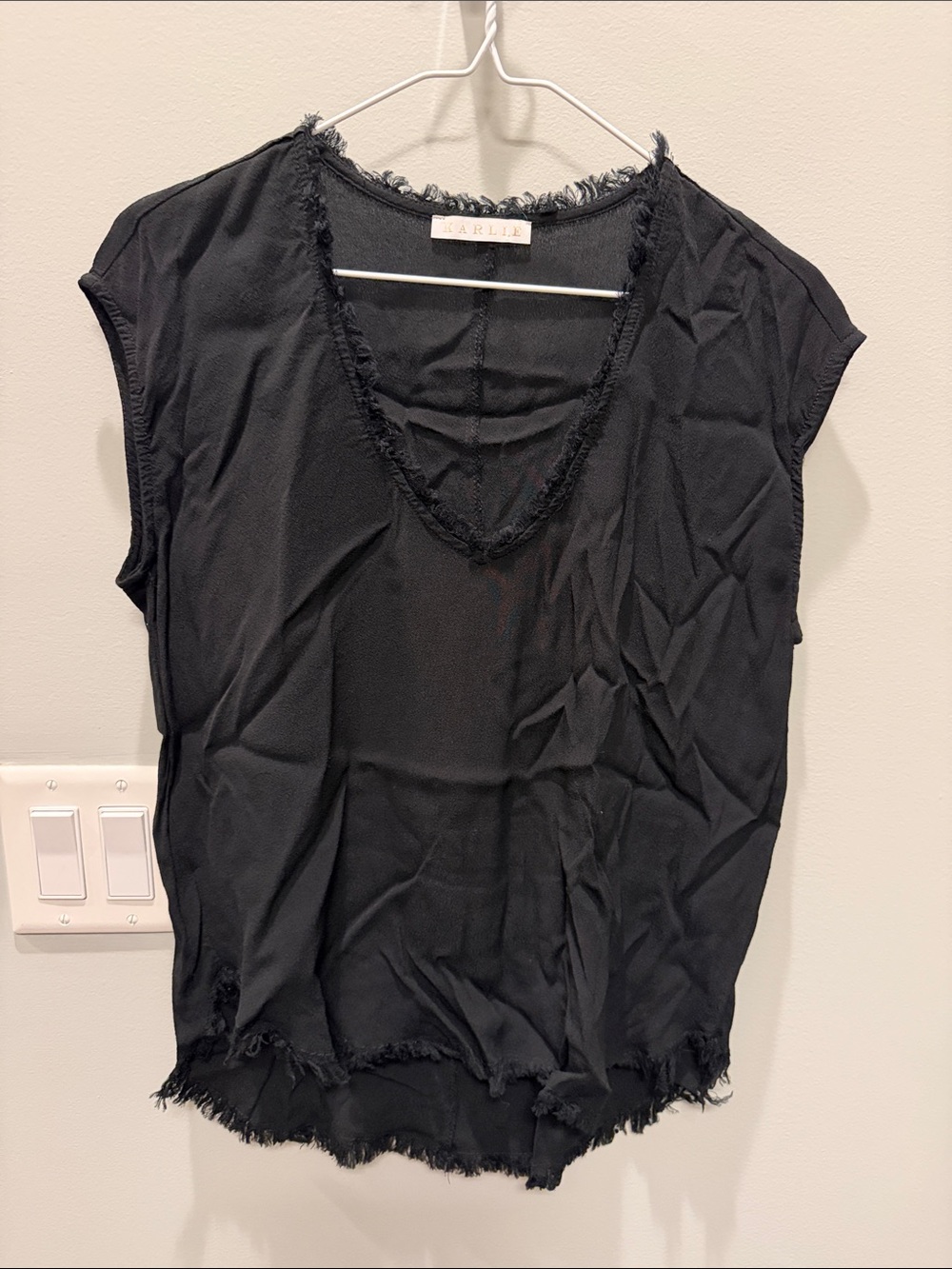Black Frayed V-Neck Women's Top - Karlie - M